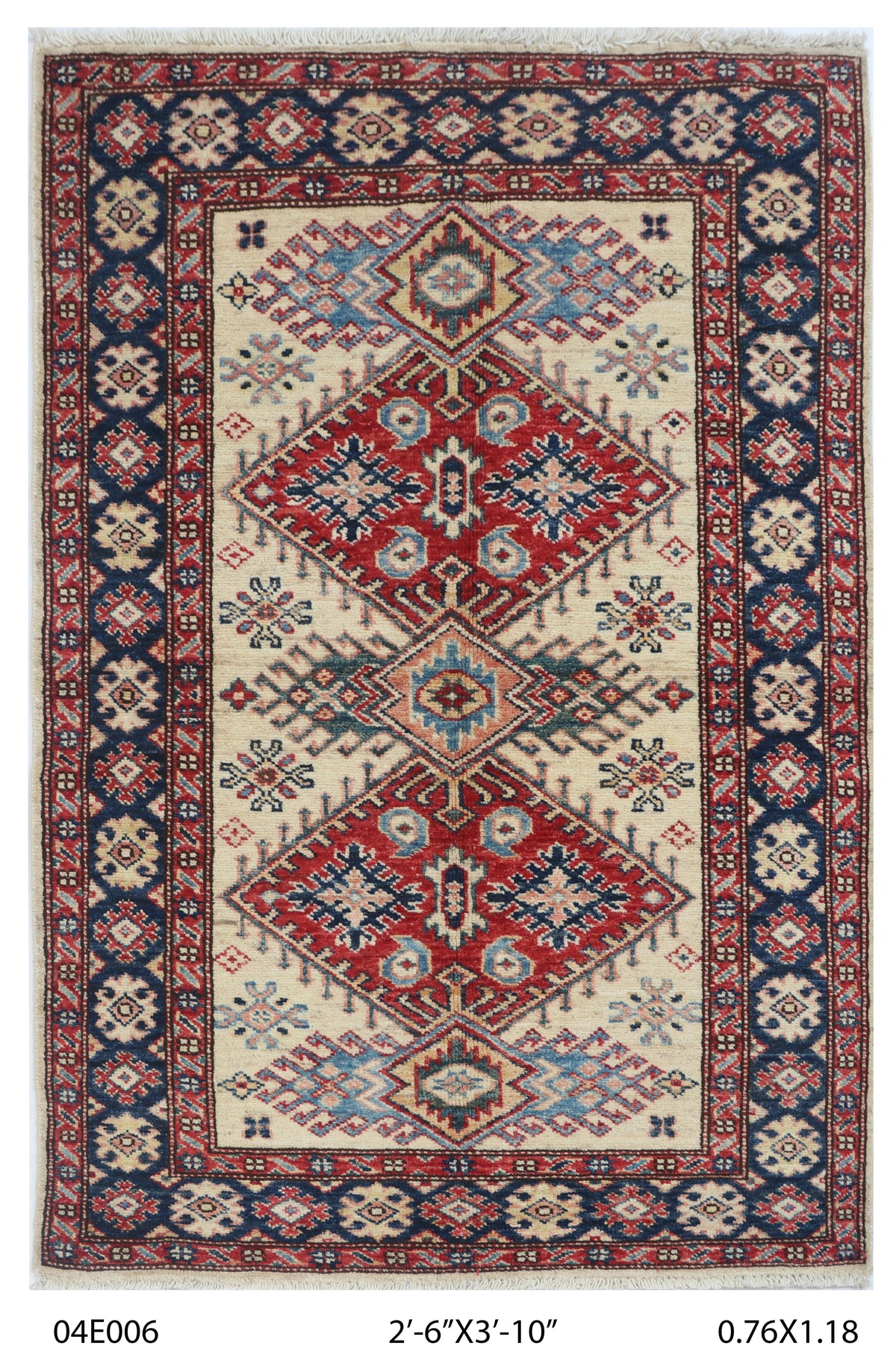 Full view of beige Super Kazak handwoven wool rug, 2.5 x 4 ft
