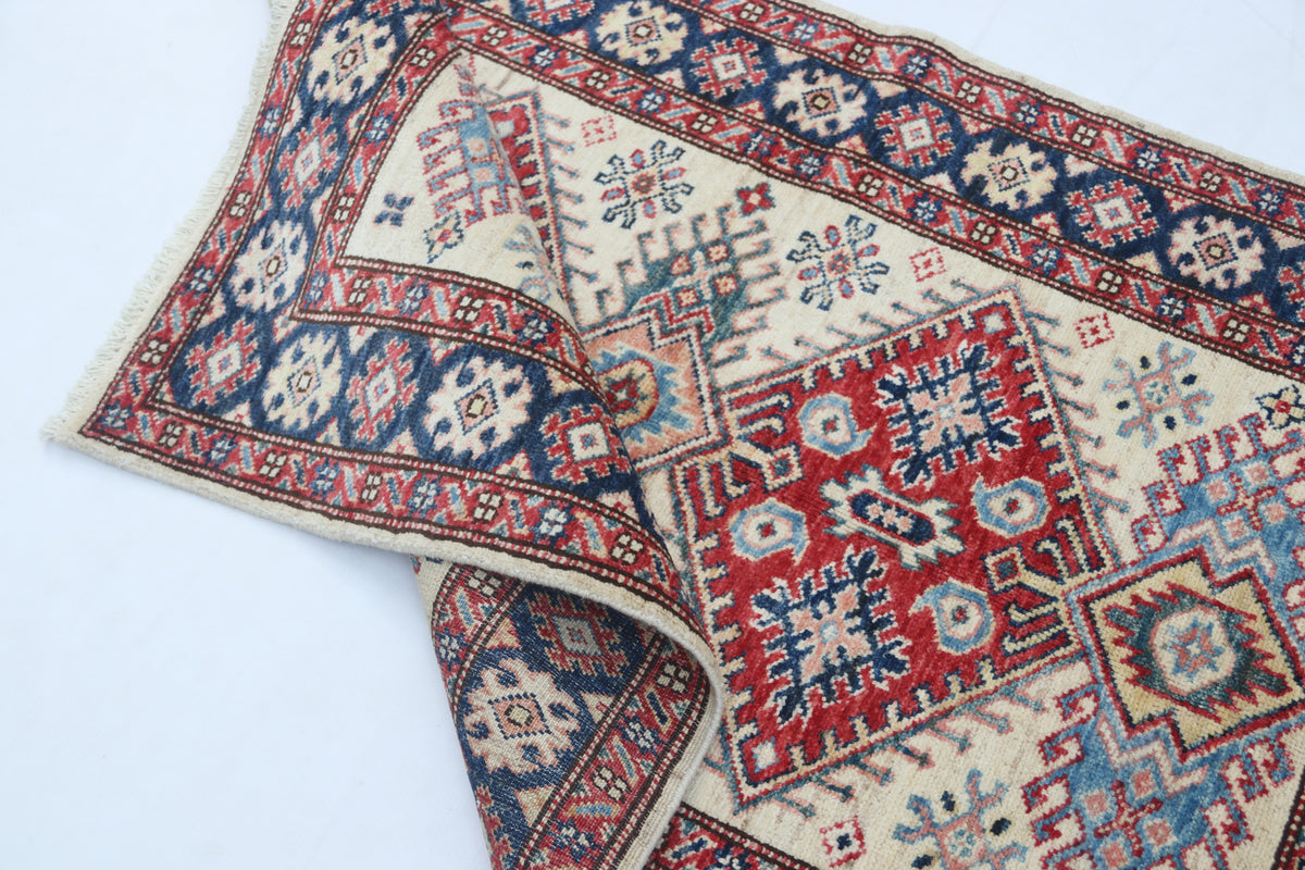 Detail view 10 of beige Super Kazak handwoven wool rug, 2.5 x 4 ft