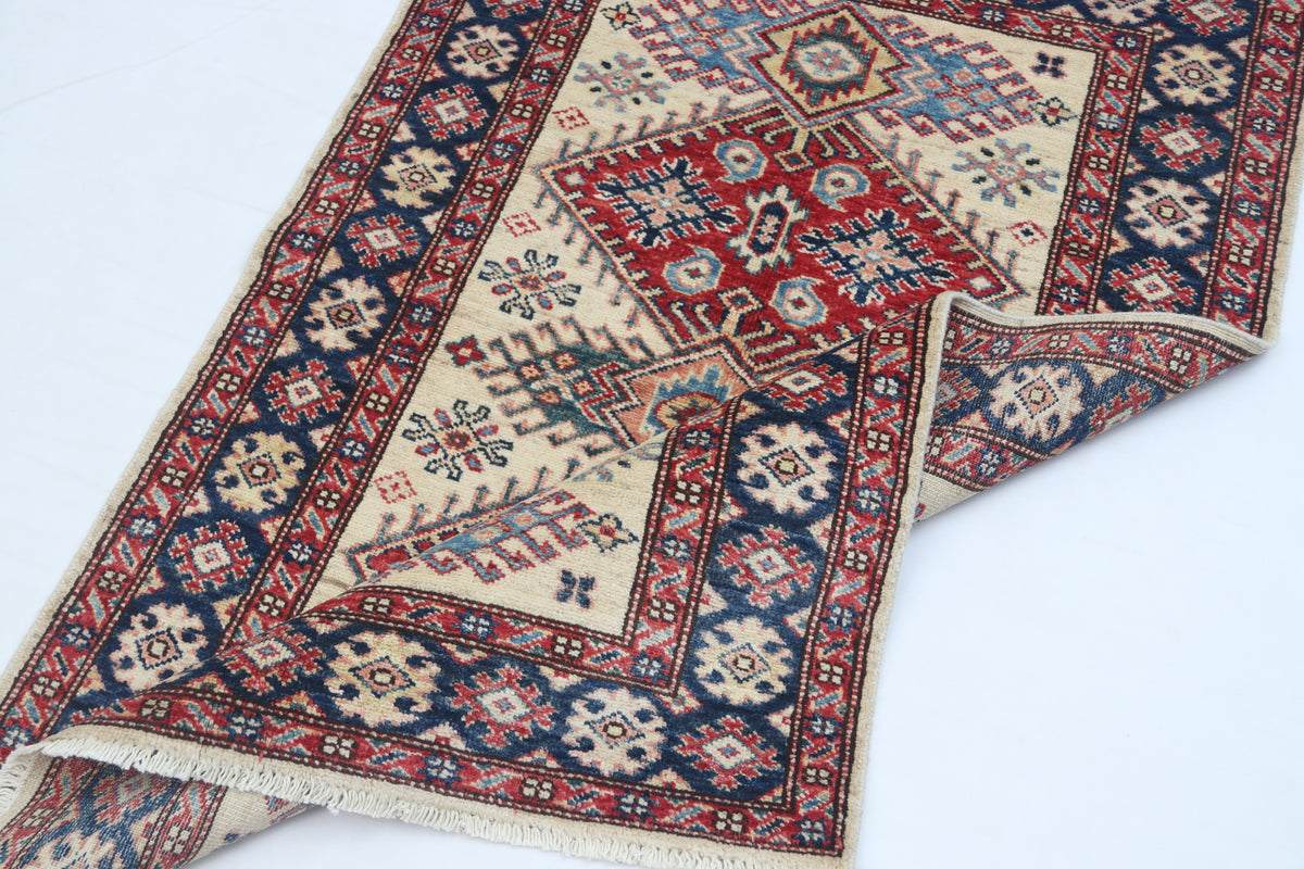 Detail view 11 of beige Super Kazak handwoven wool rug, 2.5 x 4 ft