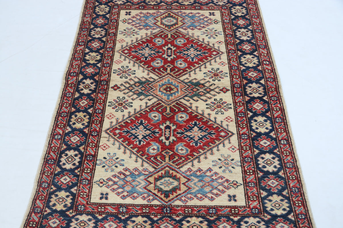 Detail view 4 of beige Super Kazak handwoven wool rug, 2.5 x 4 ft