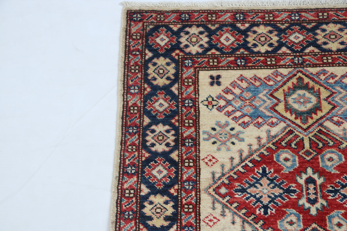 Detail view 5 of beige Super Kazak handwoven wool rug, 2.5 x 4 ft