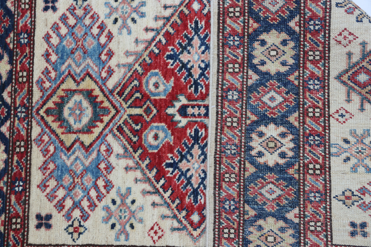 Detail view 8 of beige Super Kazak handwoven wool rug, 2.5 x 4 ft