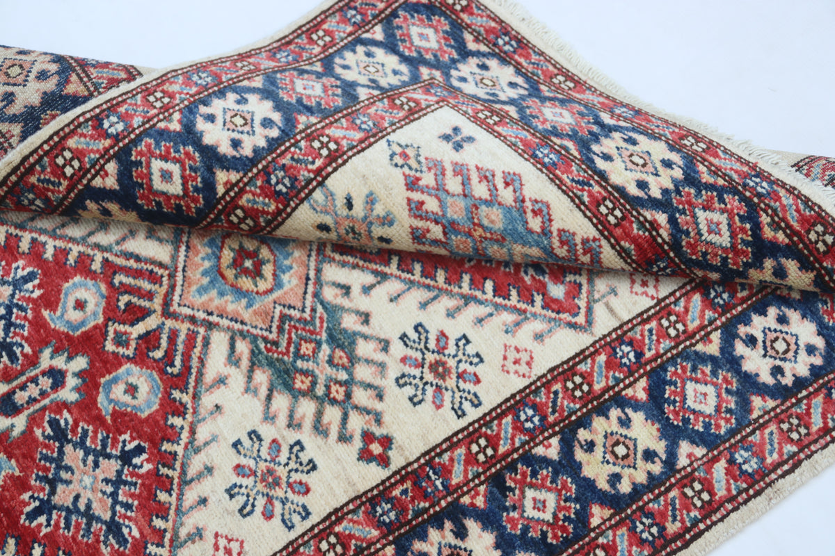 Detail view 9 of beige Super Kazak handwoven wool rug, 2.5 x 4 ft
