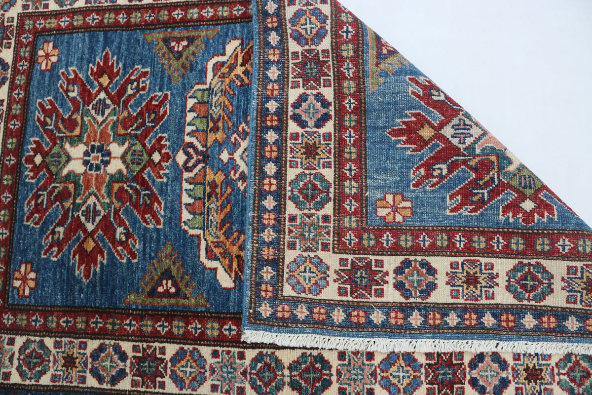 Detail 7 of blue floral Super Kazak cotton-and-wool rug, 2.5 x 4 ft