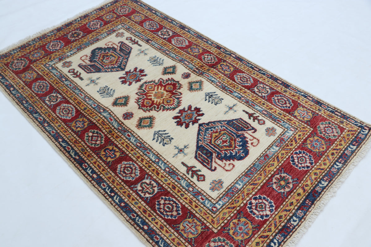 Detail view 3 of beige Super Kazak handwoven wool rug, 2.5 x 4 ft