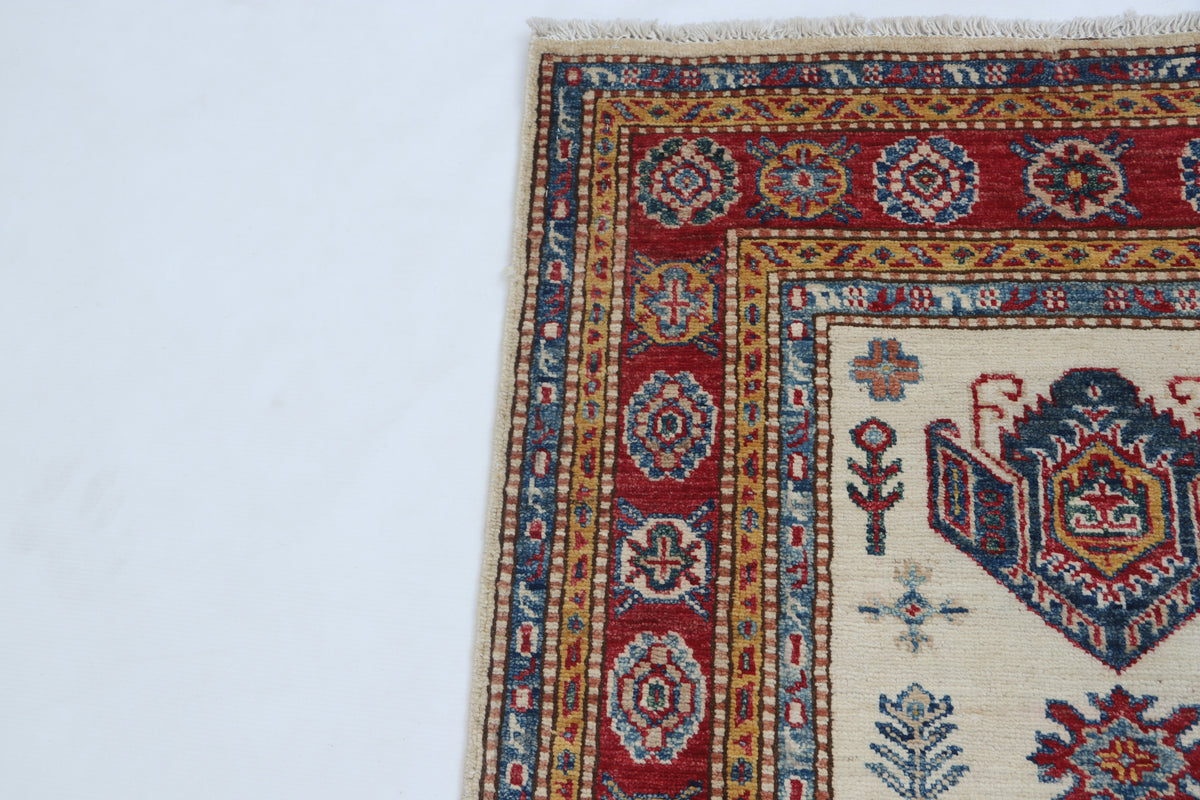 Detail view 4 of beige Super Kazak handwoven wool rug, 2.5 x 4 ft