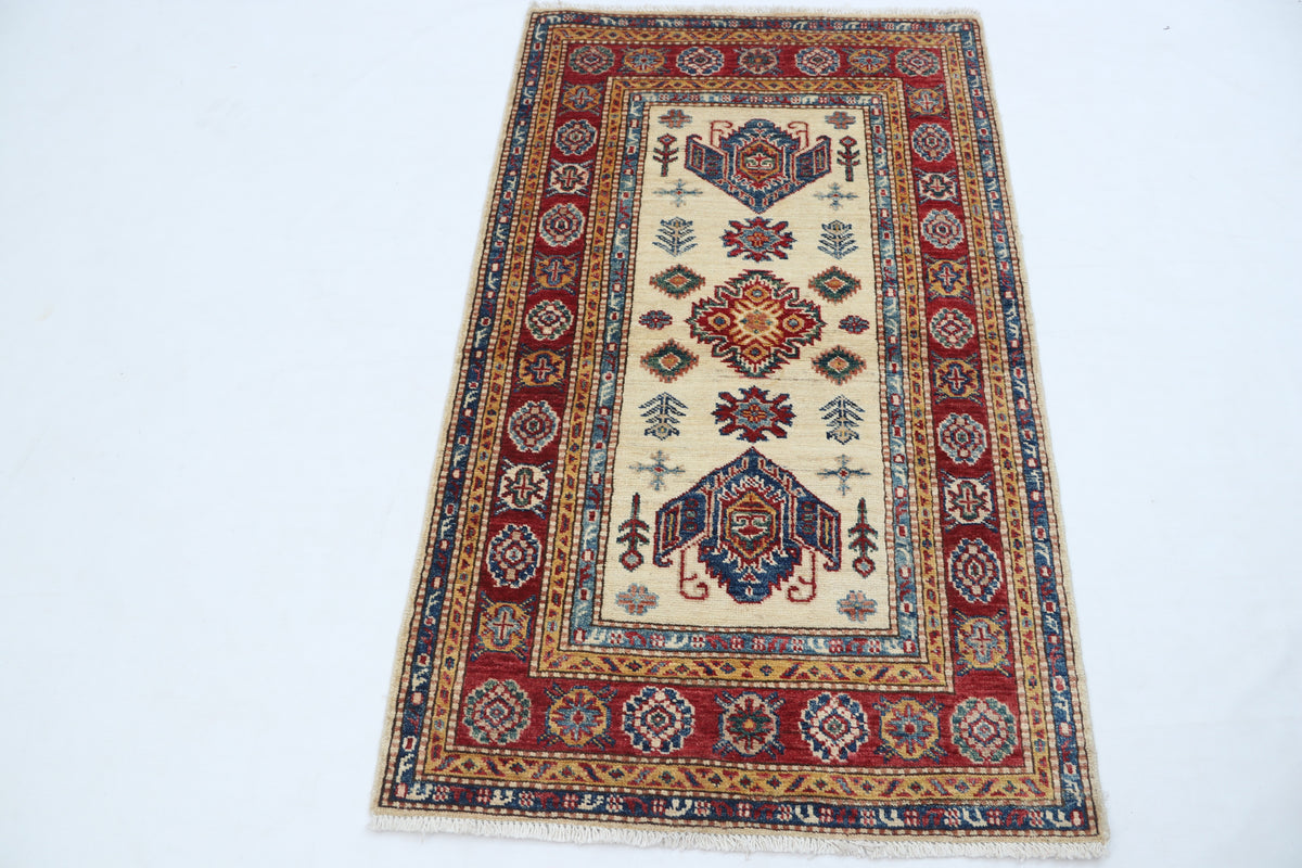 Detail 2 of beige floral Super Kazak cotton-and-wool rug, 2.5 x 4 ft