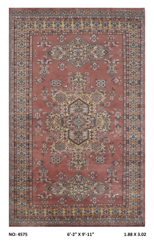Full view of orange Kafkazi handwoven wool rug, 6 x 10 ft