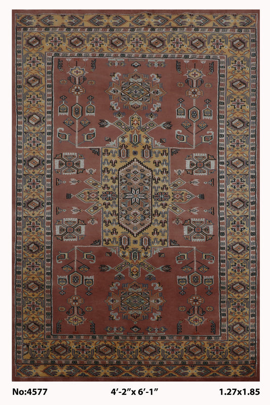 Full view of orange Kafkazi handwoven wool rug, 4 x 6 ft