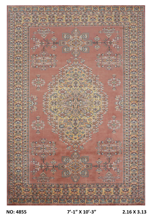 Full view of orange Kafkazi handwoven wool rug, 7 x 10 ft