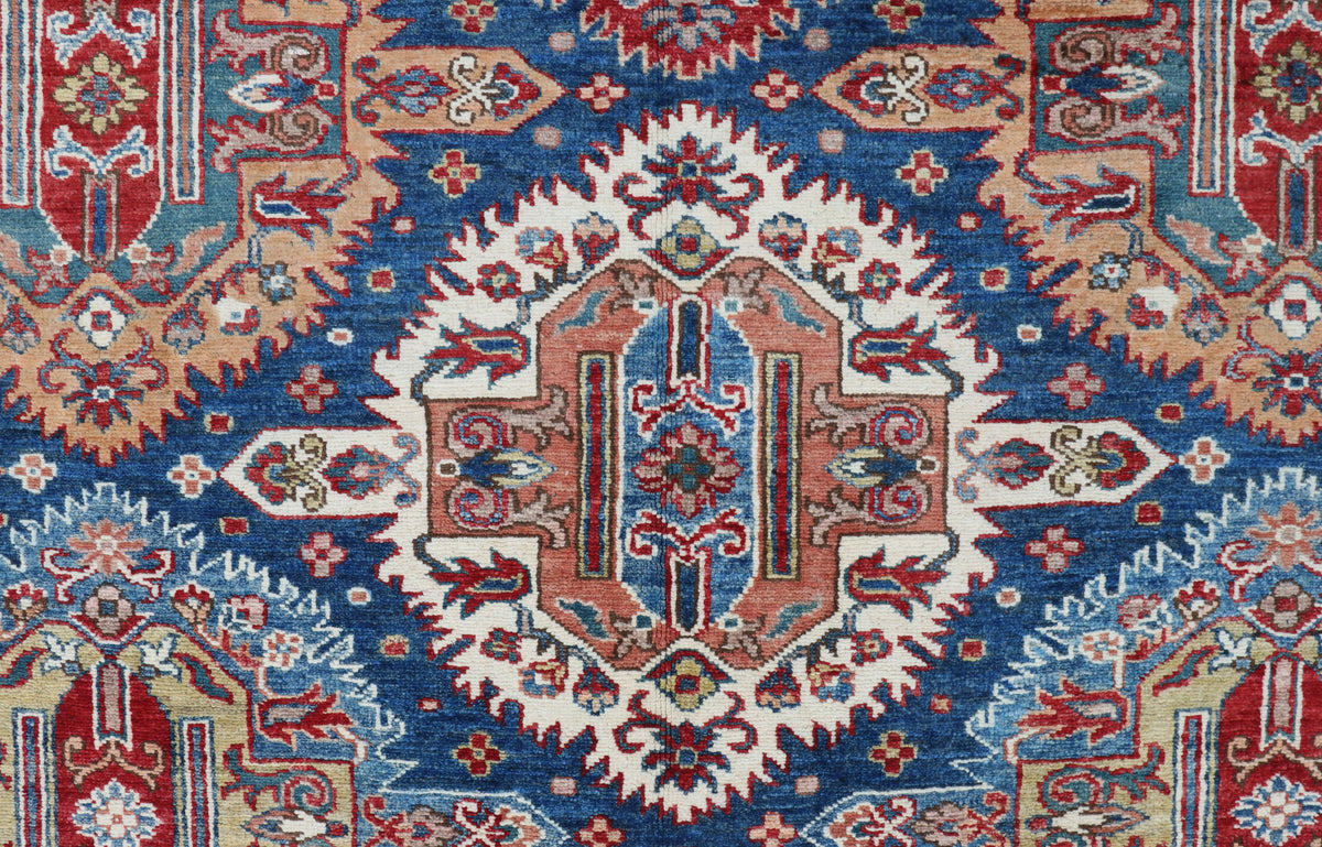 Detail view 2 of blue Super Kazak handwoven wool rug, 9 x 12 ft