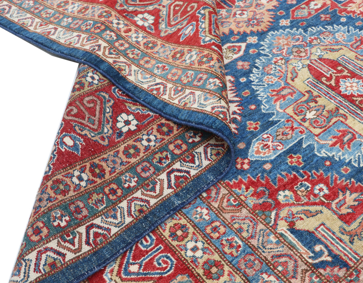 Detail view 7 of blue Super Kazak handwoven wool rug, 9 x 12 ft