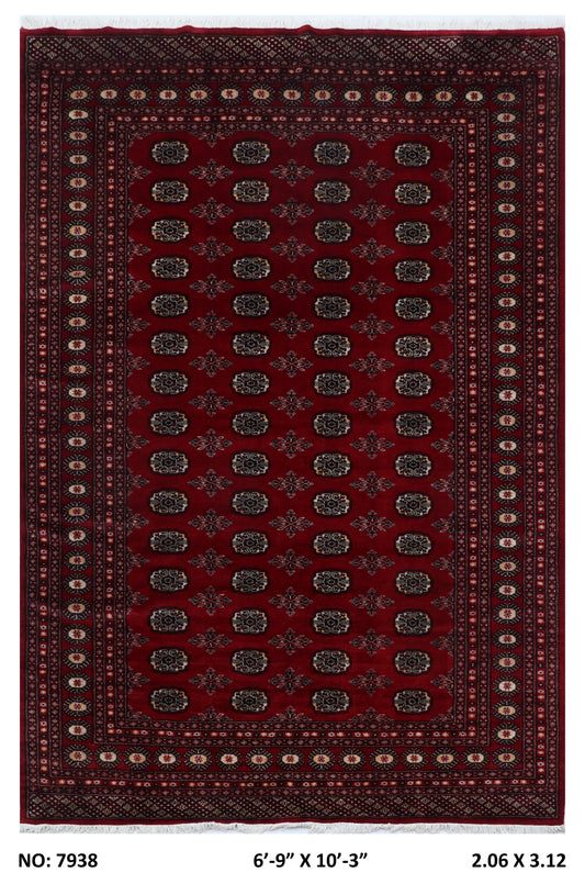 Full view of red Mori Bokhara handwoven wool rug, 7 x 10 ft