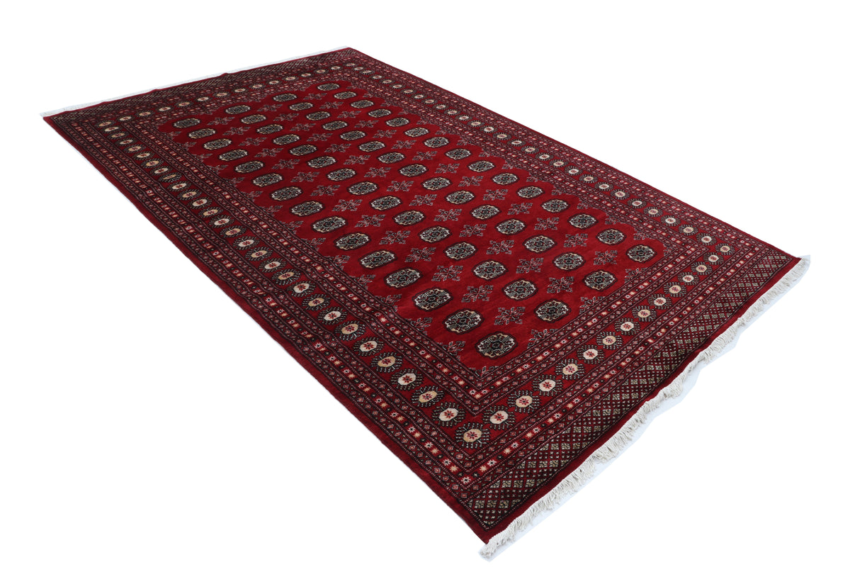 Detail view 3 of red Mori Bokhara handwoven wool rug, 7 x 10 ft