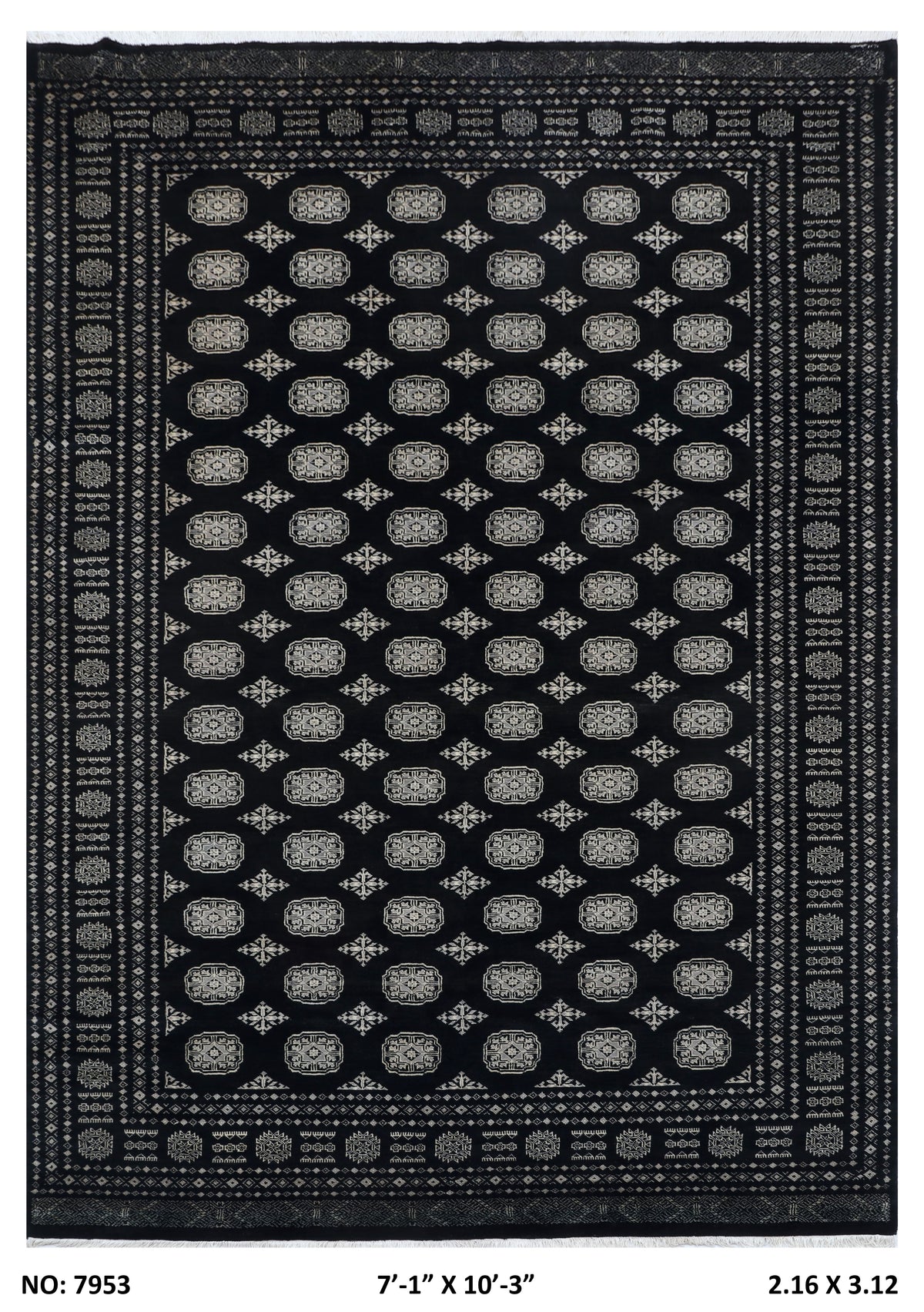 Full view of black Mori Bokhara handwoven wool rug, 7 x 10 ft