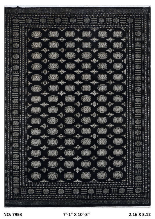 Full view of black Mori Bokhara handwoven wool rug, 7 x 10 ft