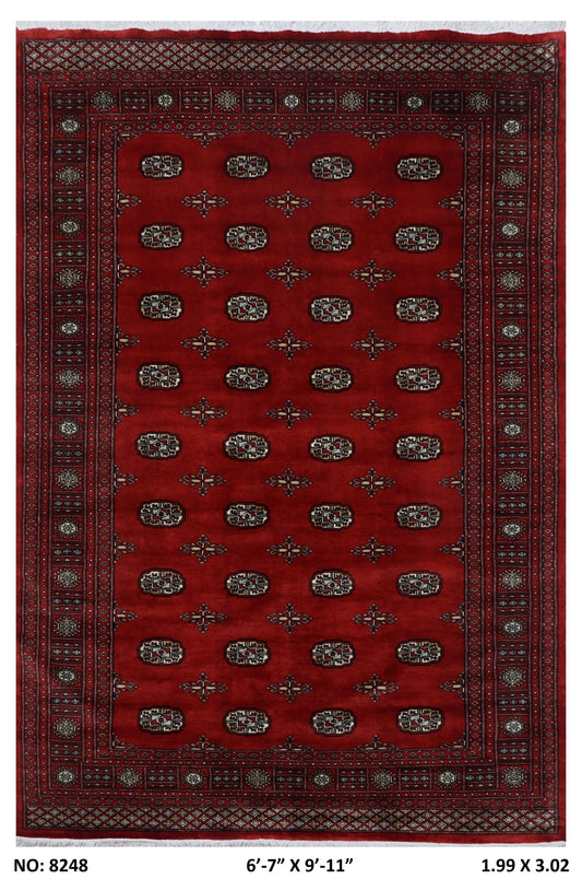 Full view of red Mori Bokhara handwoven wool rug, 7 x 10 ft
