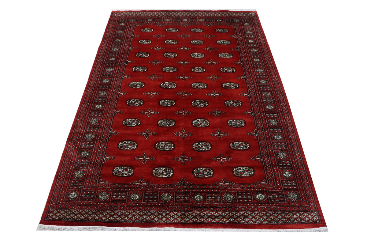 Detail view 2 of red Mori Bokhara handwoven wool rug, 7 x 10 ft