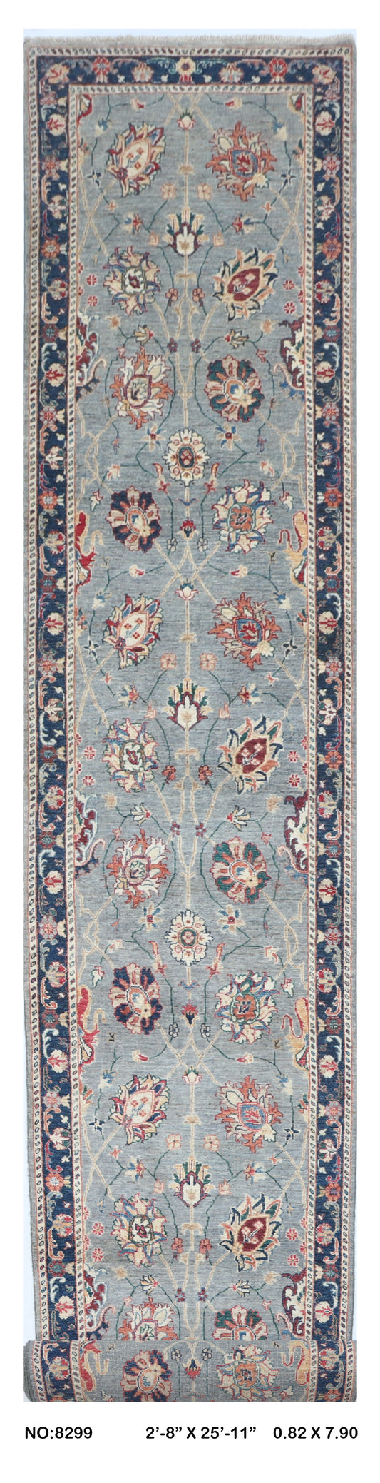 Full view of gray Chobi 35/40 handwoven wool rug, 3 x 26 ft