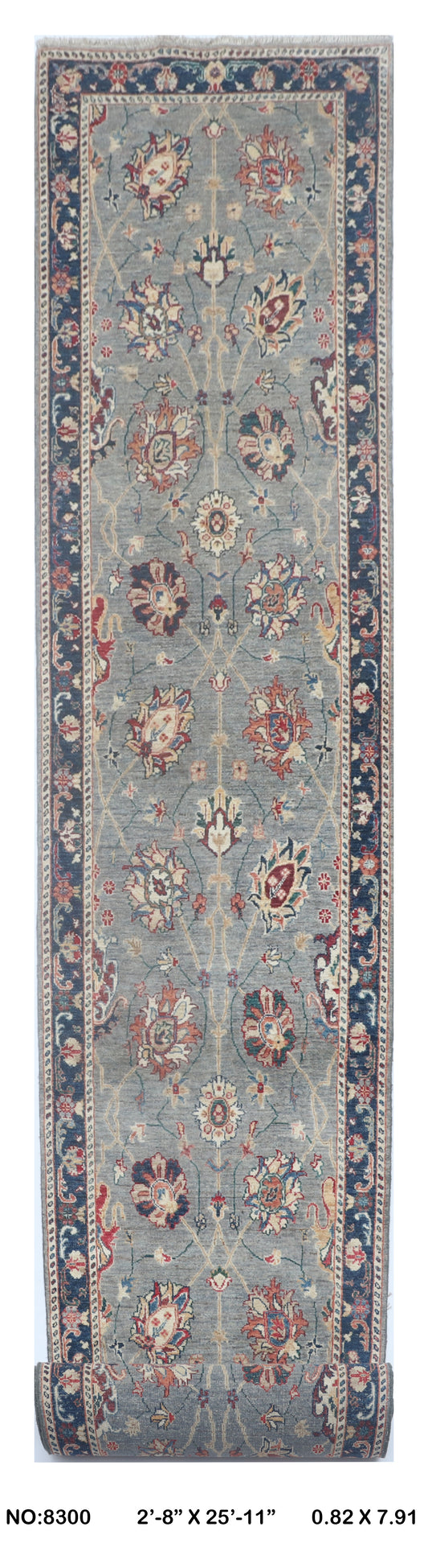 Full view of gray Chobi 35/40 handwoven wool rug, 3 x 26 ft