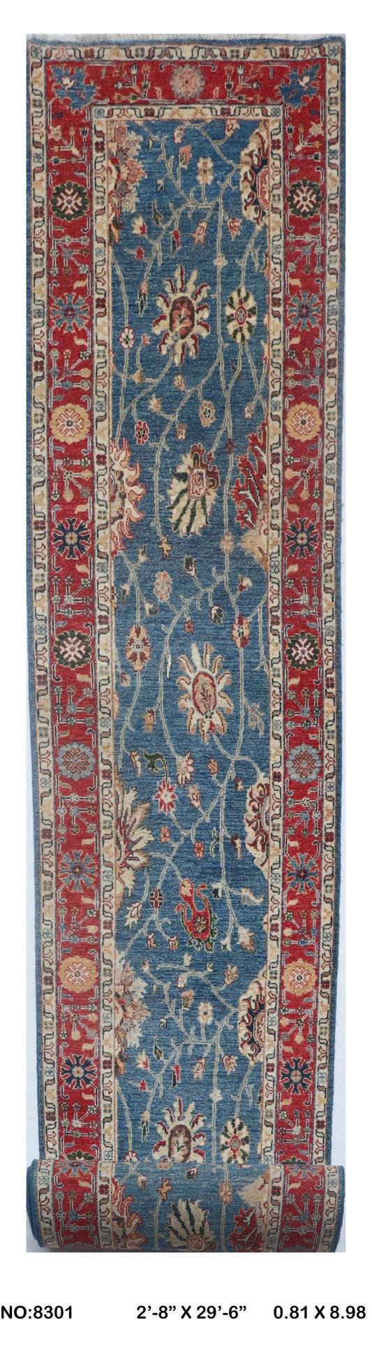 Full view of blue Chobi 35/40 handwoven wool rug, 3 x 29 ft