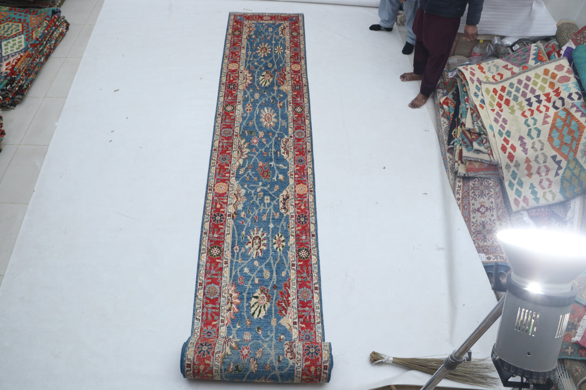 Detail view 2 of blue Chobi 35/40 handwoven wool rug, 3 x 29 ft