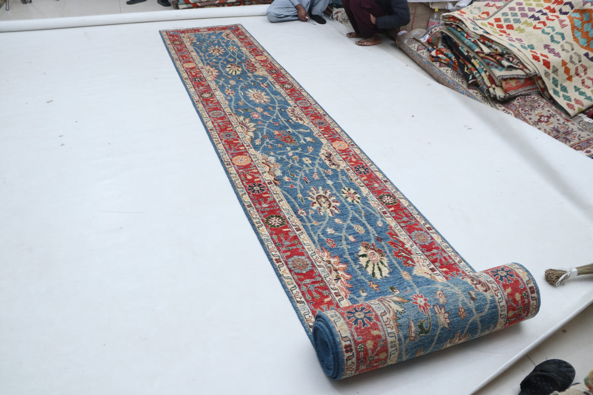 Detail view 3 of blue Chobi 35/40 handwoven wool rug, 3 x 29 ft