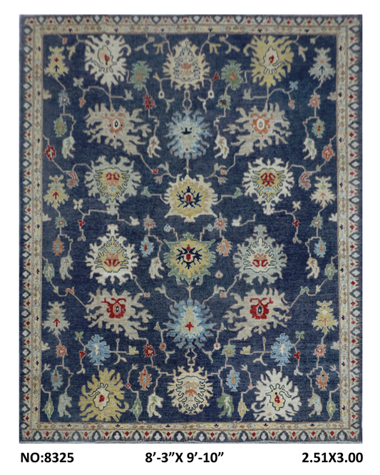 Full view of blue Chobi 35/40 handwoven wool rug, 8 x 10 ft
