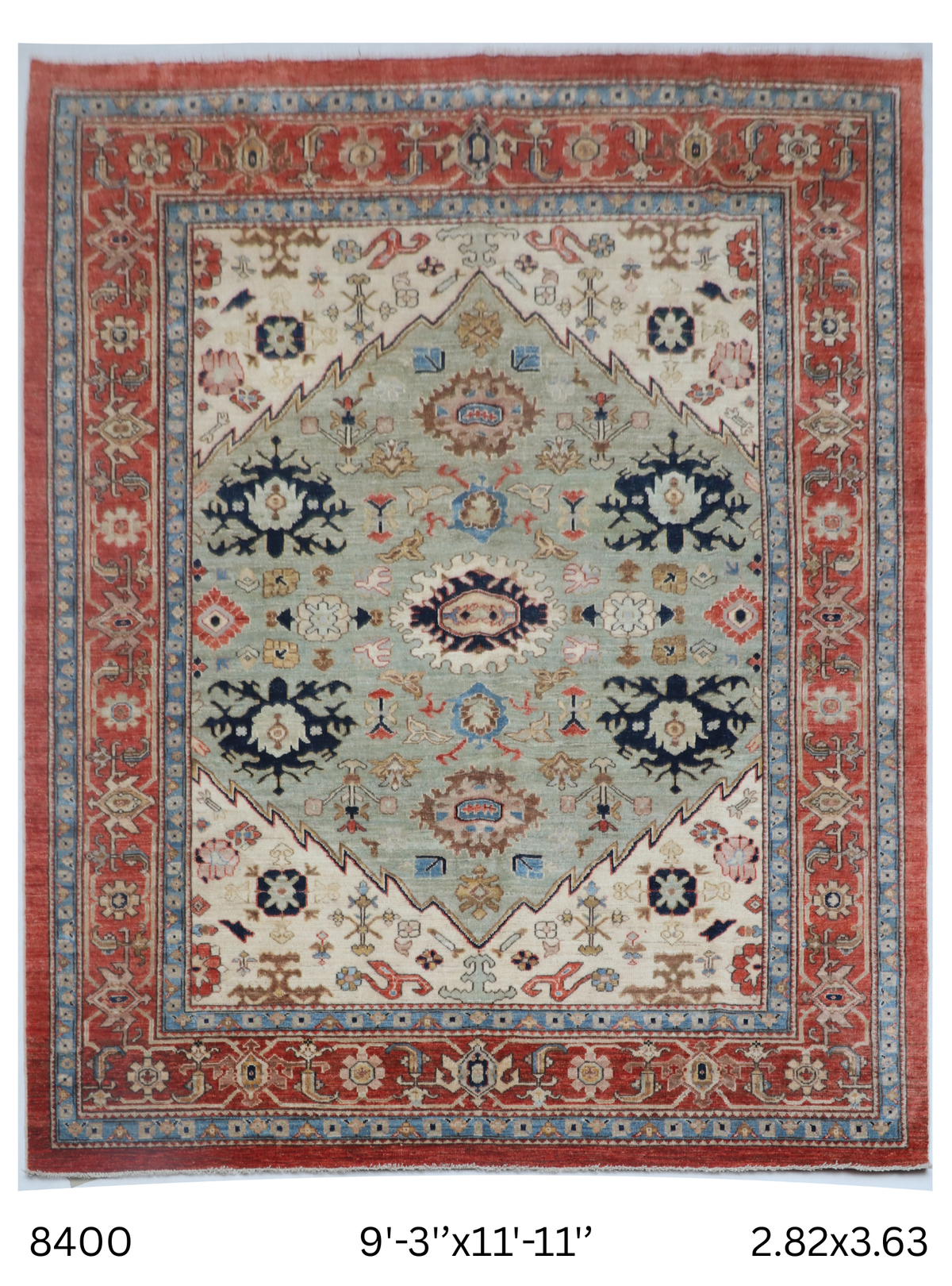 Full view of beige Oushak handwoven wool rug, 9 x 12 ft