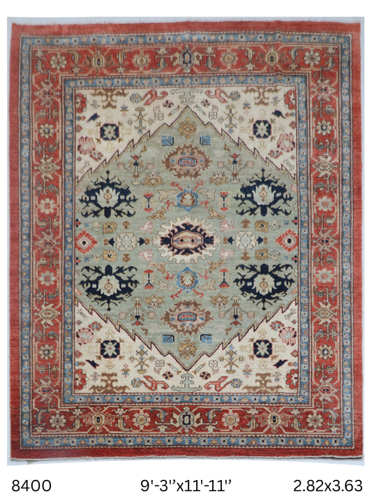 Full view of beige Oushak handwoven wool rug, 9 x 12 ft