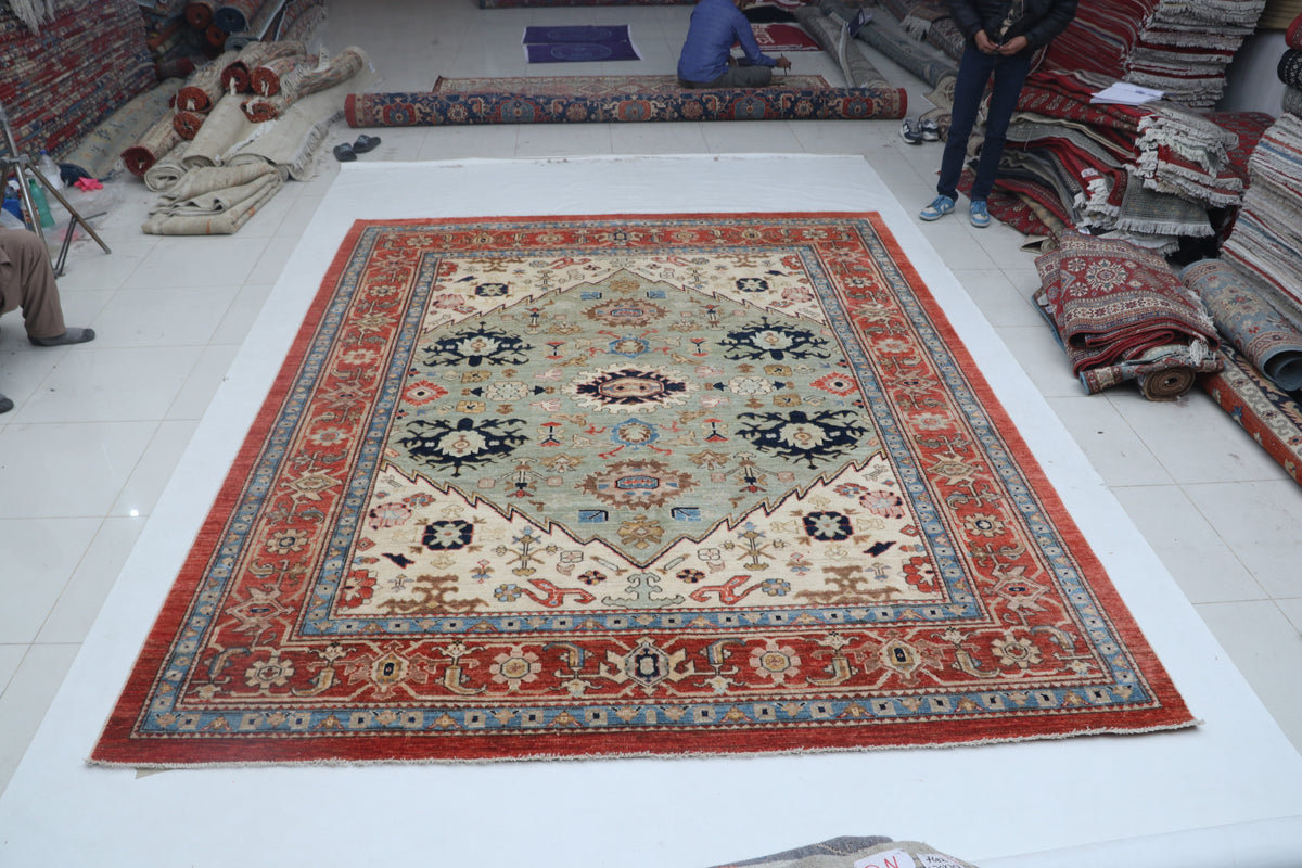 Detail view 2 of beige Oushak handwoven wool rug, 9 x 12 ft