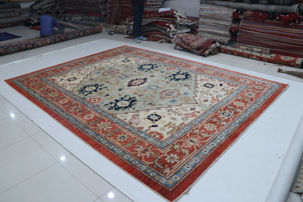Detail view 3 of beige Oushak handwoven wool rug, 9 x 12 ft