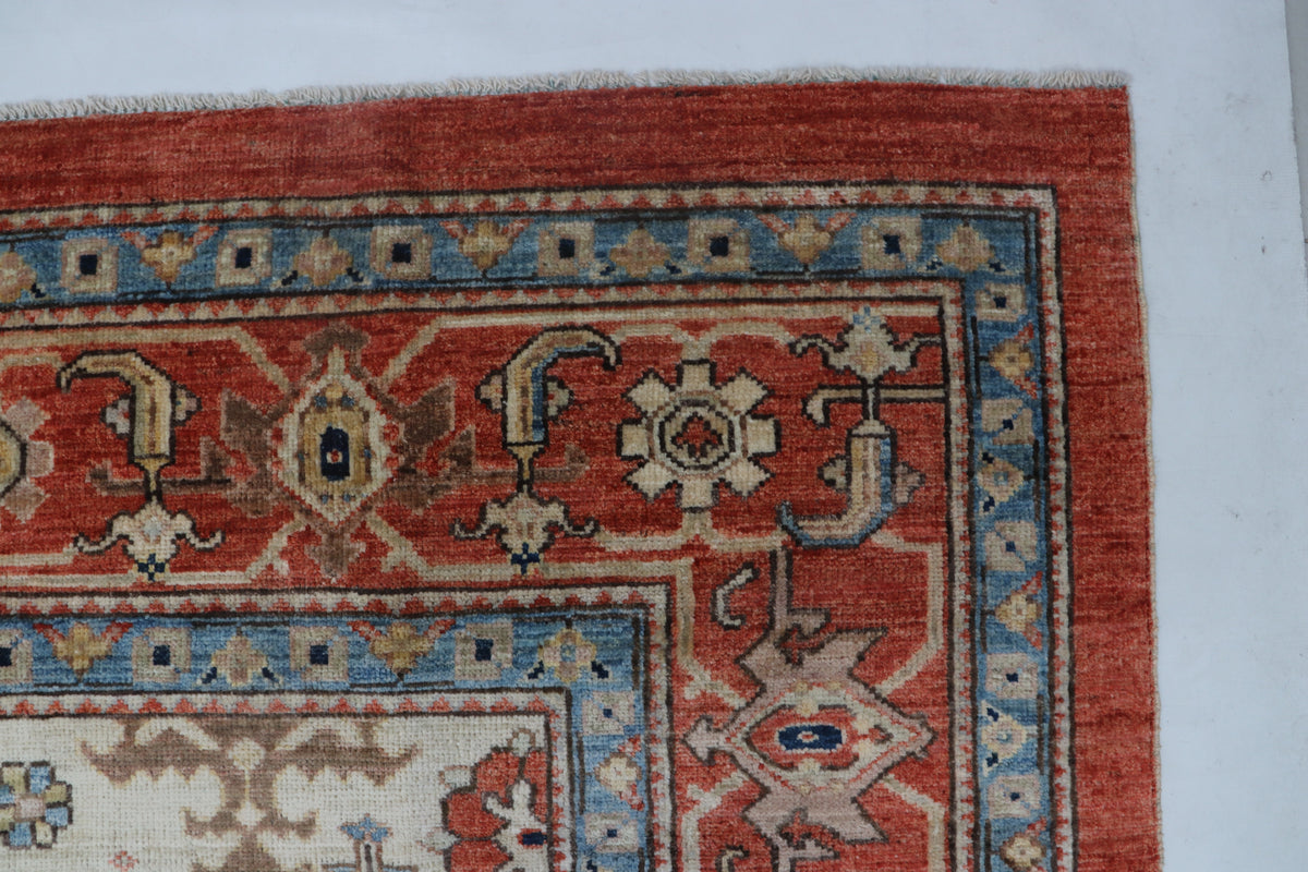 Detail view 6 of beige Oushak handwoven wool rug, 9 x 12 ft