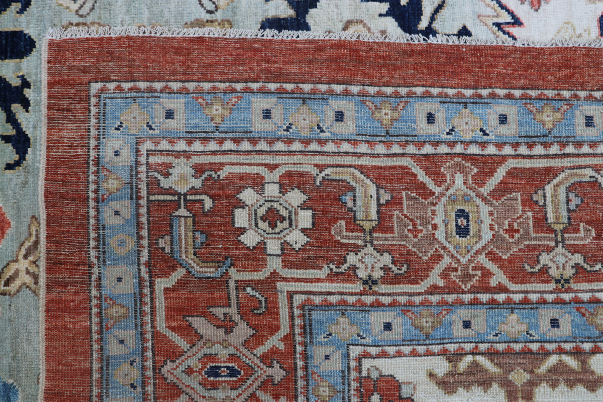 Detail view 7 of beige Oushak handwoven wool rug, 9 x 12 ft