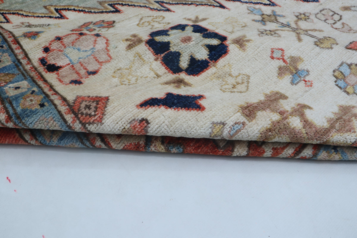 Detail view 8 of beige Oushak handwoven wool rug, 9 x 12 ft
