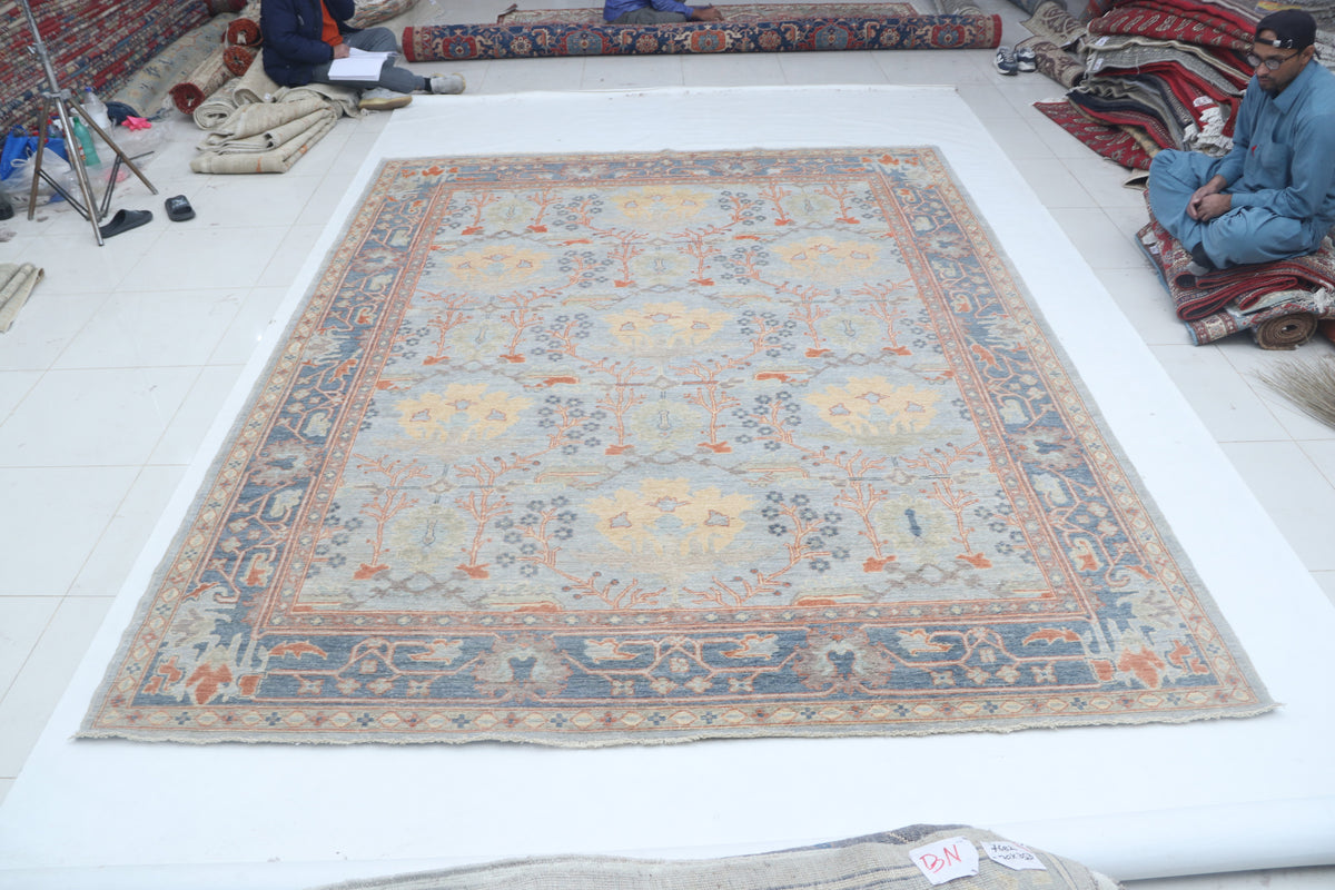 Detail view 2 of blue Oushak handwoven wool rug, 9 x 12 ft