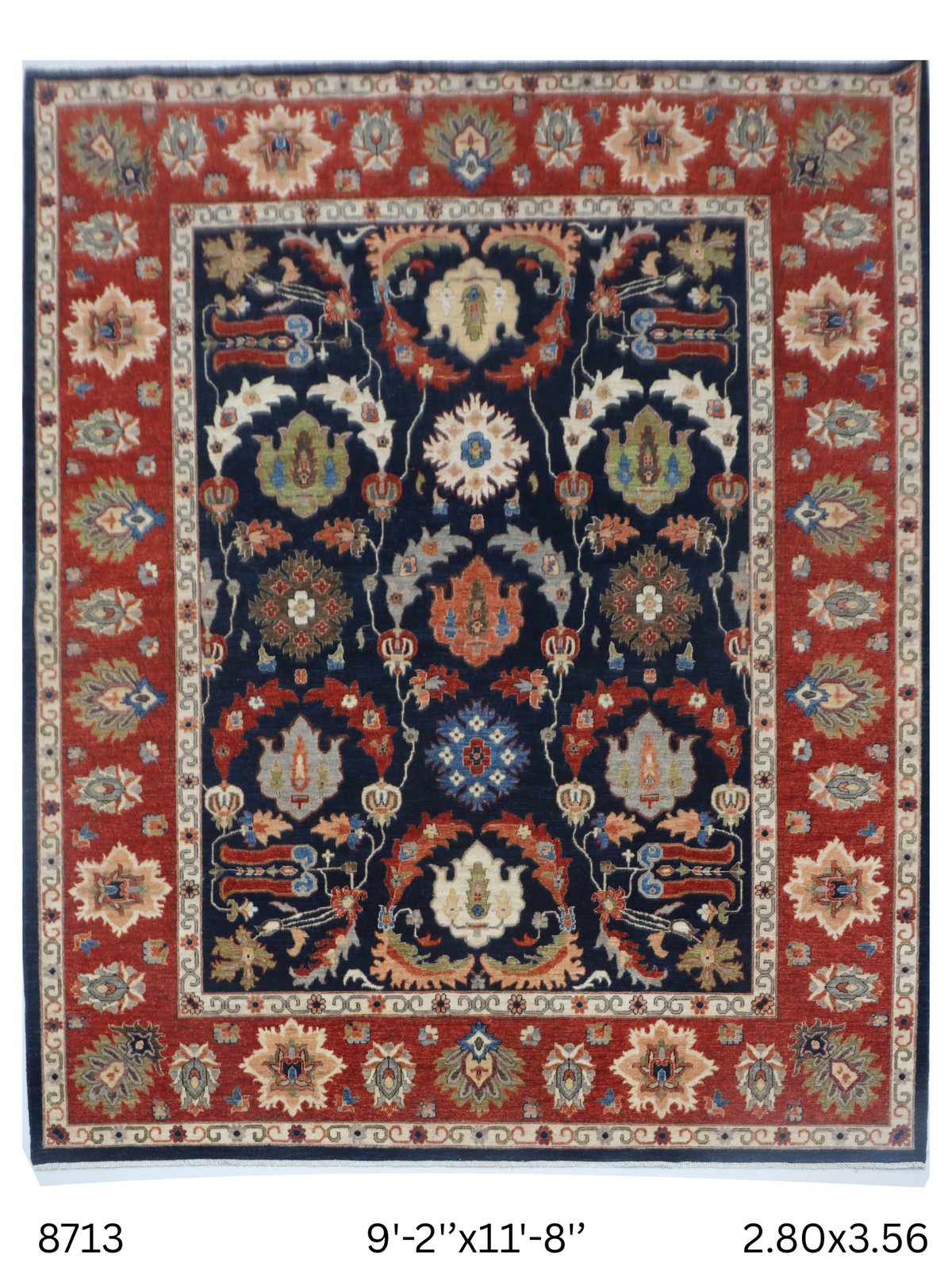 Full view of blue Chobi 35/40 handwoven wool rug, 9 x 12 ft