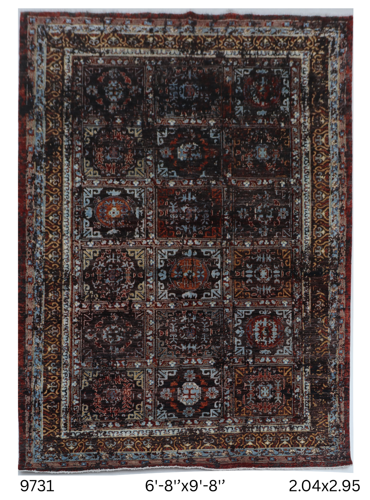 Full view of brown Chobi 35/40 handwoven wool rug, 7 x 10 ft
