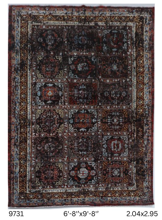 Full view of brown Chobi 35/40 handwoven wool rug, 7 x 10 ft
